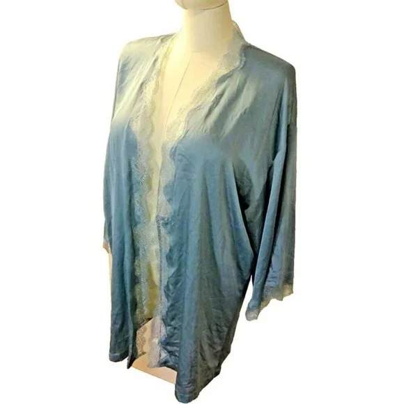Victoria's Secret Pre-Loved M/L Lace Trim Polyester Short Sage Green Robe Kimono - Picture 10 of 12